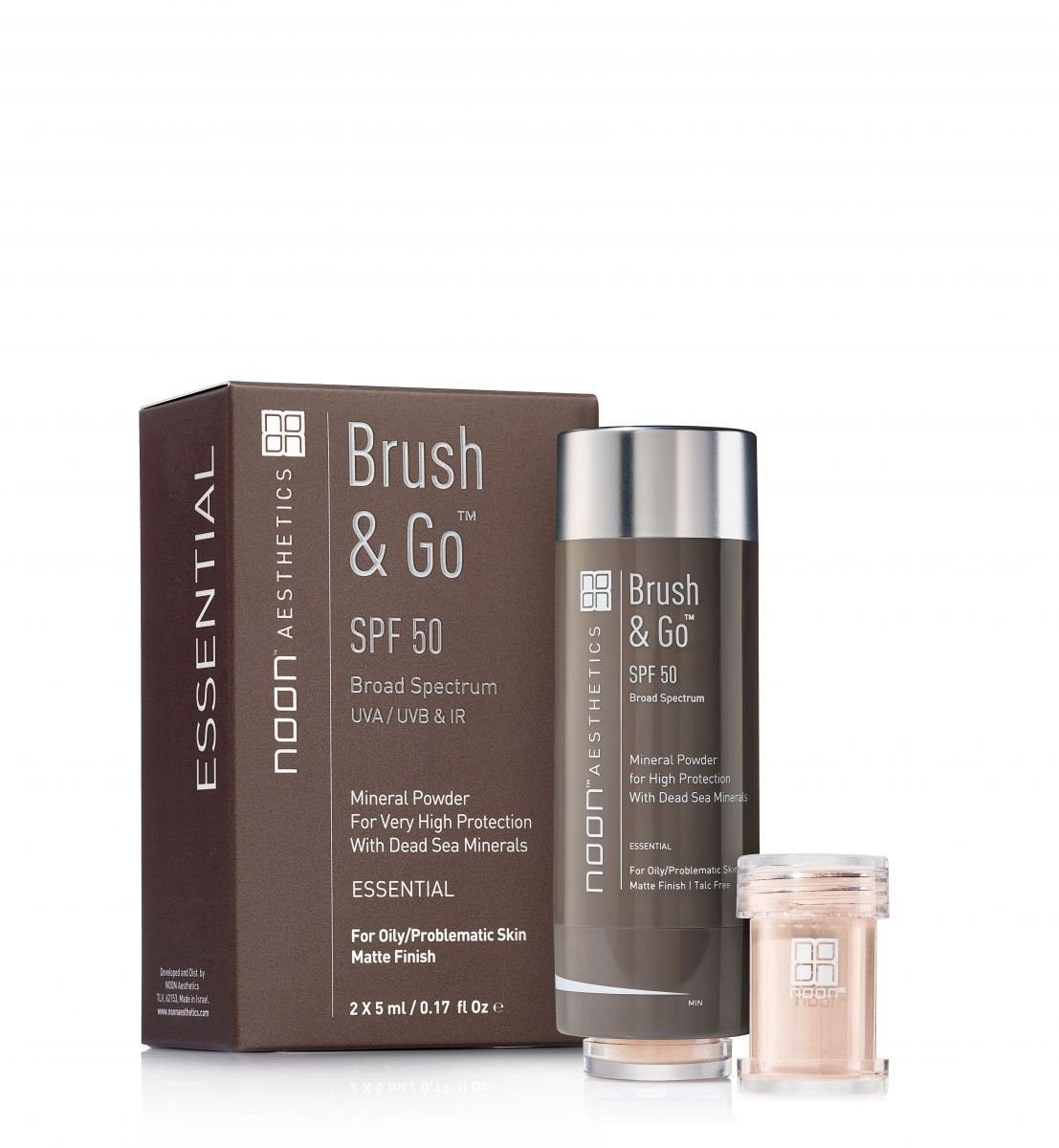 SilverCloseComp-1.jpg NOON BRUSH&GO MINERAL SUN PROTECTION POWDER SPF 50 VISŲ TIPŲ ODAI (Tone 01), 2x5 g - Image 1