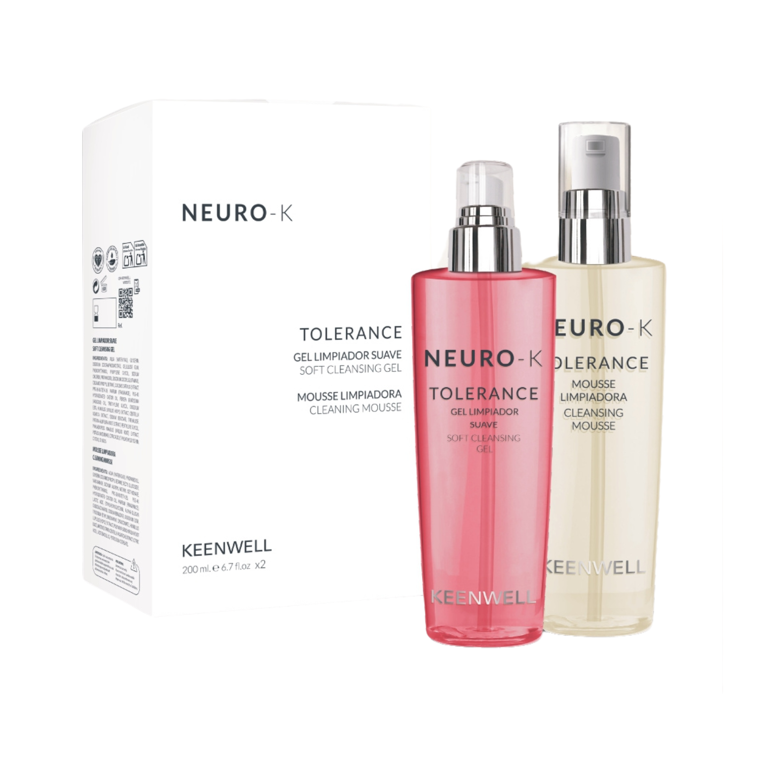 keenwell-neuro-k-tolerance-cleansing-gel-200ml-essence-200ml-pack.png KEENWELL NEURO-K RINKINYS JAUTRIOS ODOS PRIEŽIŪRAI (ŠVELNUS VALOMASIS GELIS 200 ML + VALOMOSIOS PUTOS 200 ML) - Image 1